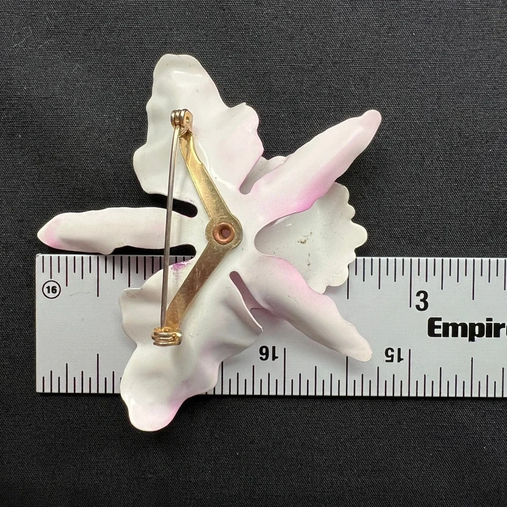 Vintage Brooch Enamel‎ Flower Pink White Orchid Pin Large 3